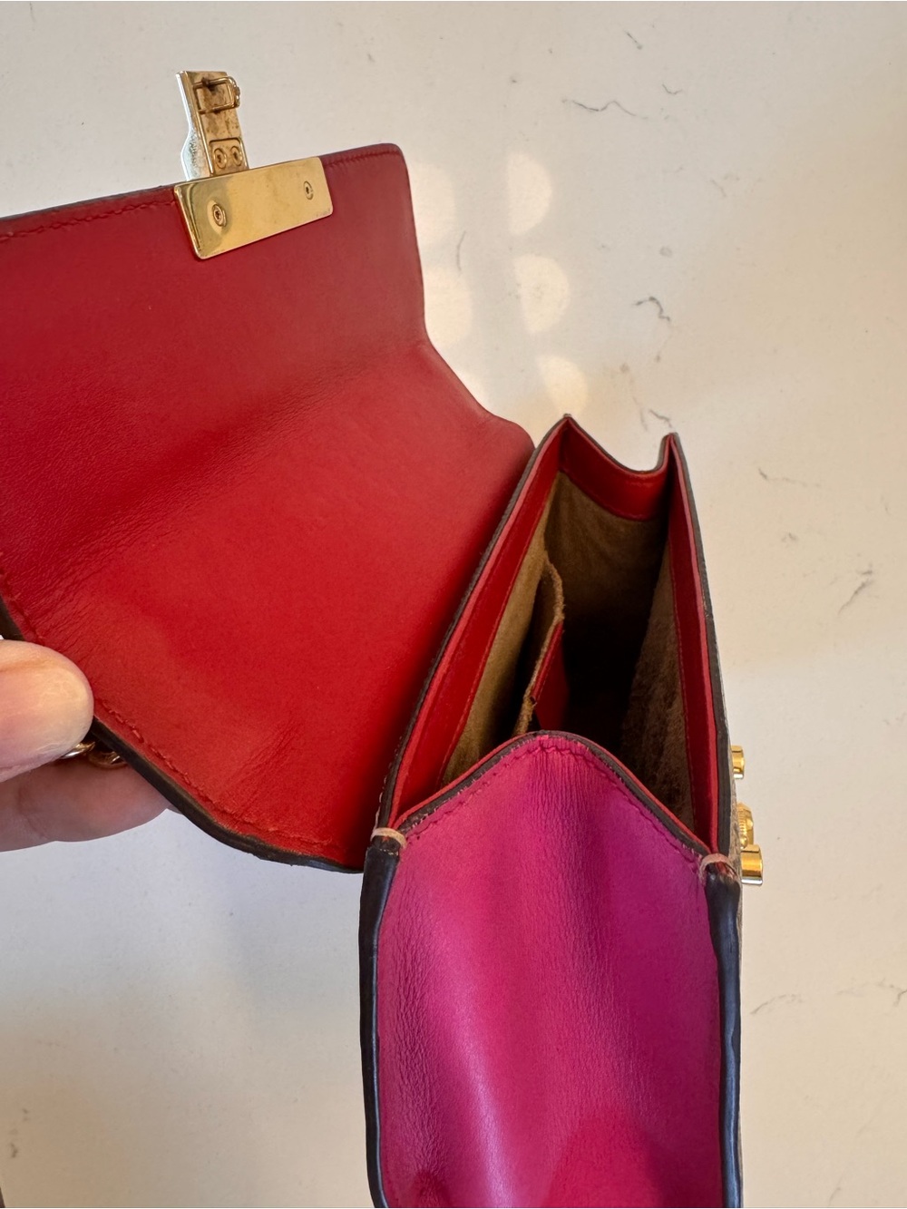 Gucci Red + Pink Leather & Monogram GG Canvas Crossbody with Gold Chain - Picture 9 of 12